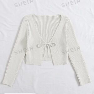 SHEIN Never Worn Tie Front Rib-knit Cardigan - Cream/White
